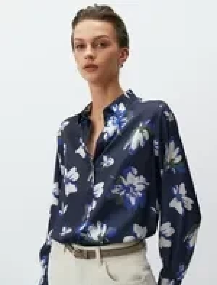 Navy Blue Long Sleeve Floral Satin Shirt

