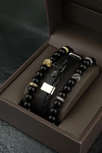 jackferreroMen's Leather and Natural Stone Combination Bracelet Set 3 Pieces